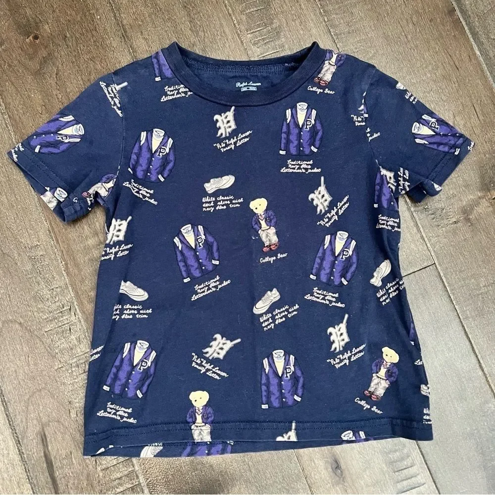 Ralph Lauren Teddy Bear Print T-Shirt Toddler Boys Navy Tee Short Sleeved 24M